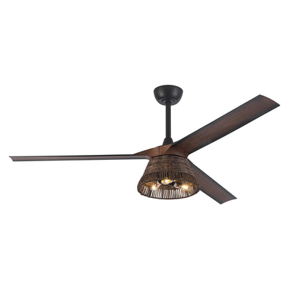 BreezeLite 60" Farmhouse Brown Rattan 3-Blade Ceiling Fan