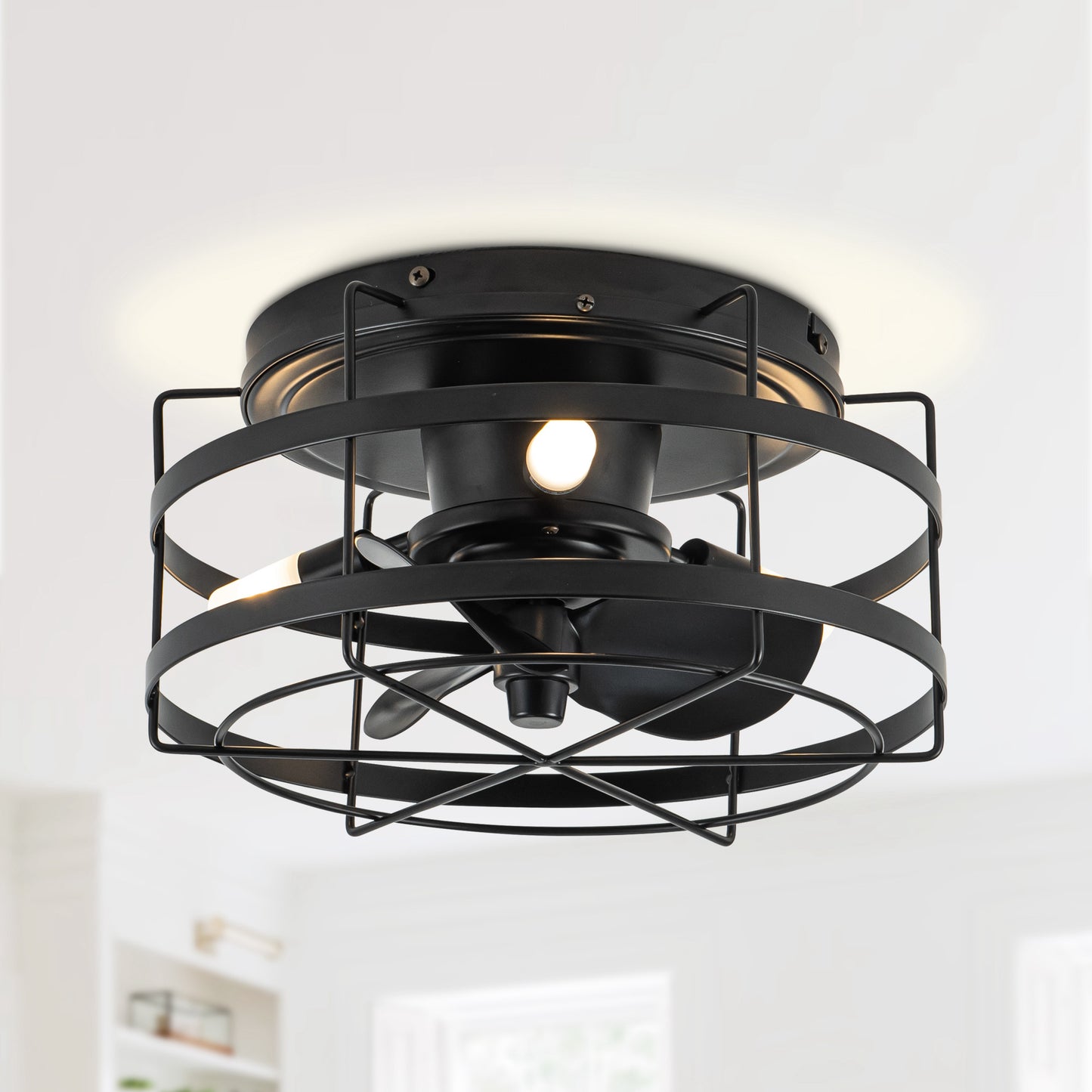 BreezeLite 12.5" Modern Black Flush Mount Cage Ceiling Fan