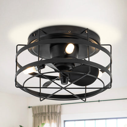 BreezeLite 12.5" Modern Black Flush Mount Cage Ceiling Fan