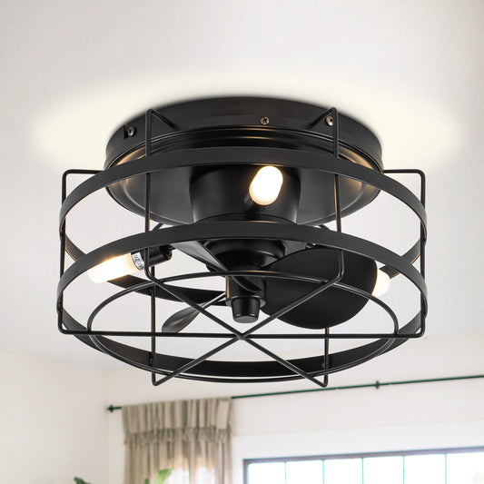 BreezeLite 12.5" Modern Black Flush Mount Cage Ceiling Fan