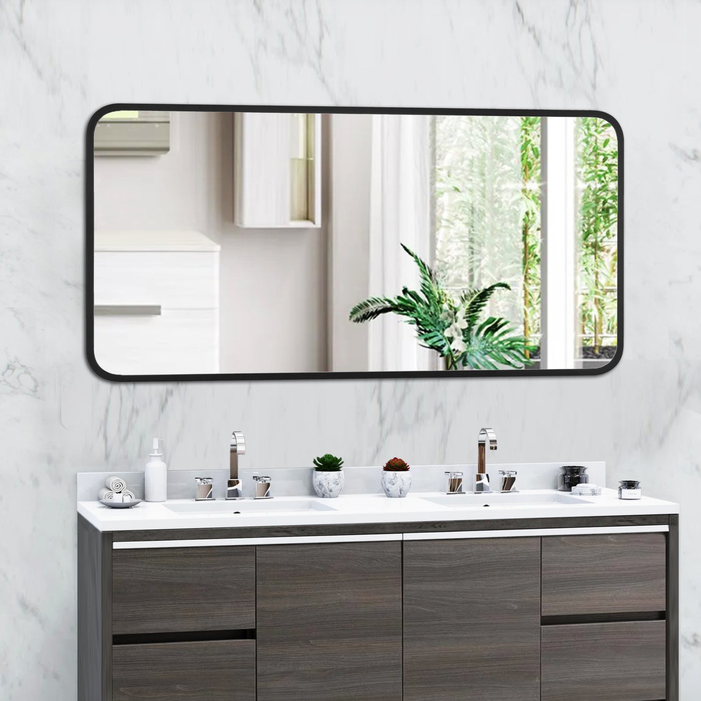 Reflections Sleek Modern 20x40" Black Aluminum Framed Wall Mirror with Soft Corners