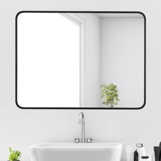 Reflections Sleek Modern 24x32" Black Aluminum Framed Wall Mirror with Soft Corners