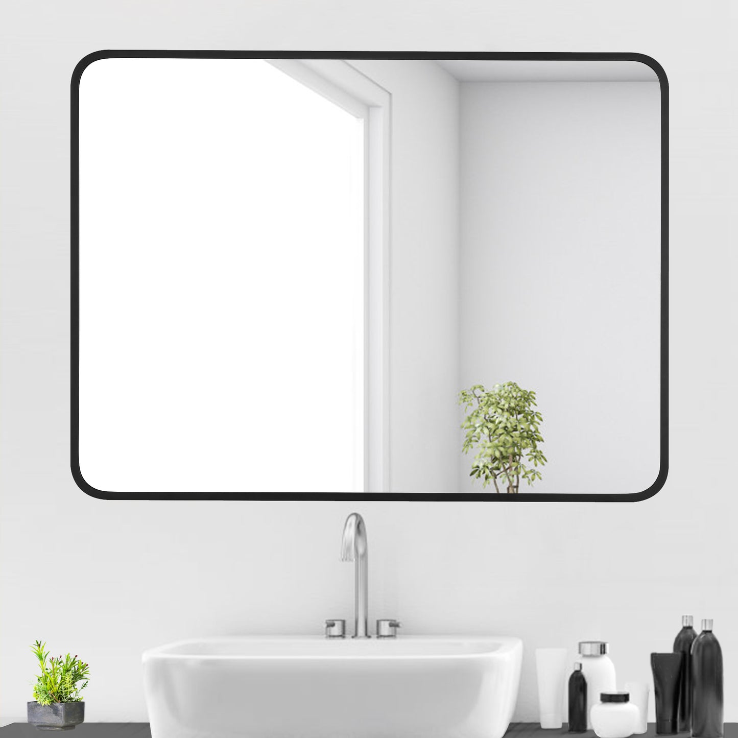 Reflections Sleek Modern 30x40" Black Aluminum Framed Wall Mirror with Soft Corners