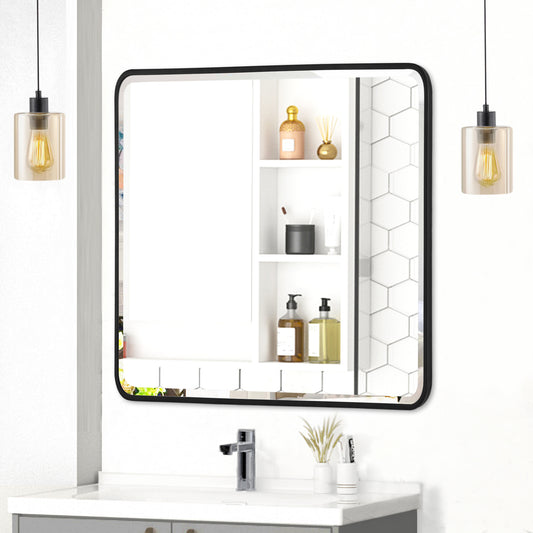 Reflections Sleek Modern 30x30" Black Aluminum Framed Beveled Wall Mirror