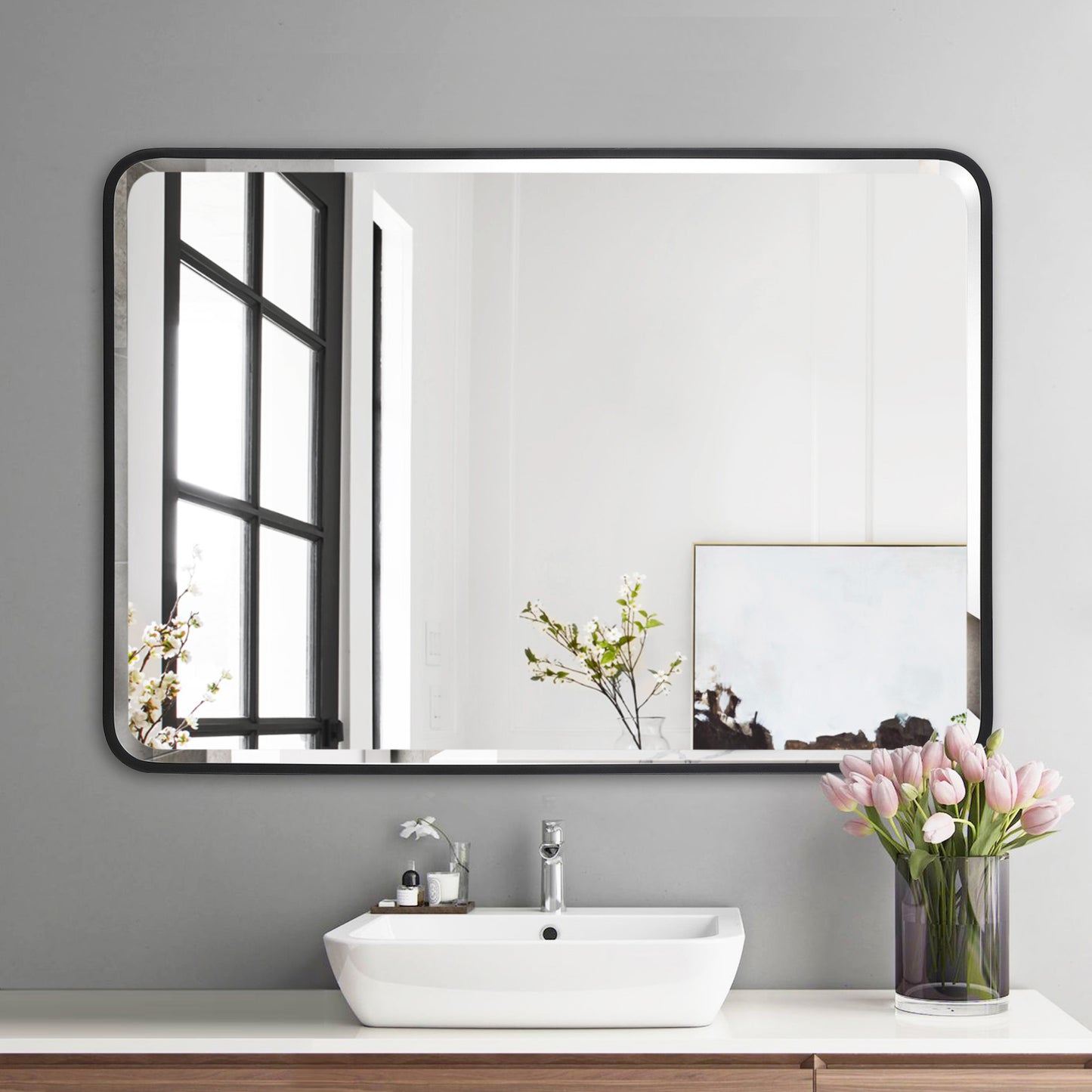 Reflections Sleek Modern Black Aluminum Framed Soft Corner Beveled Wall Mirror