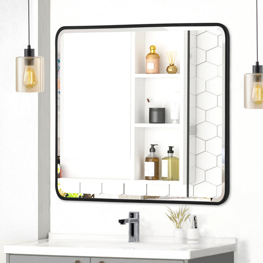 Reflections Sleek Modern 36x36" Black Aluminum Framed Beveled Wall Mirror