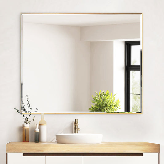 Reflections Sleek Modern 30x36" Gold Aluminum Framed Beveled Wall Mirror