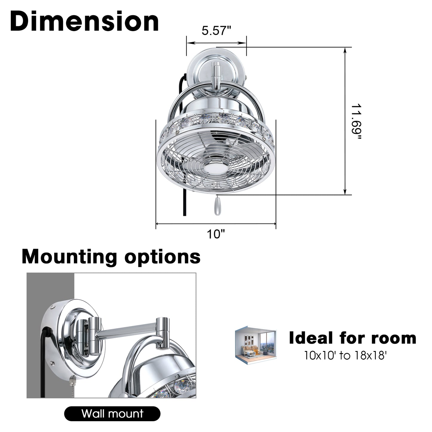 Luxe Twirl 10" Brushed Chrome 3-Speeds Wall Fan with Pull Chain