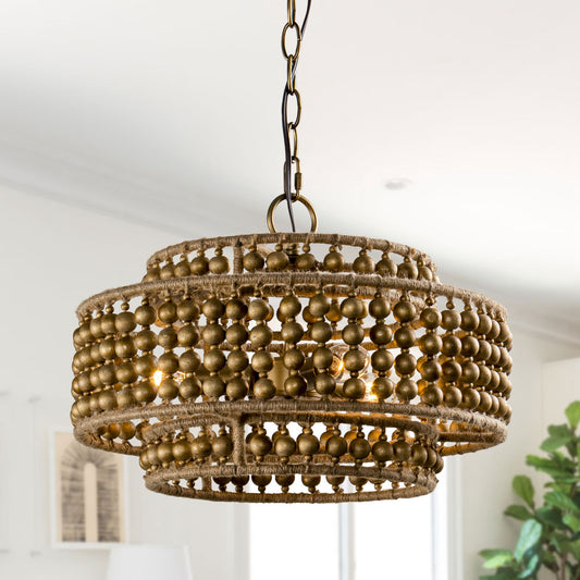 Lusteria 15" Antique Gold 3-Light Drum Wood Beaded Boho Chandelier