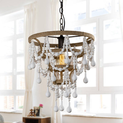 Lusteria 15" White 1-Light Beaded Tiered Farmhouse Chandelier