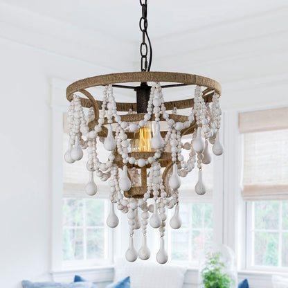 Lusteria 15" White 1-Light Beaded Tiered Farmhouse Chandelier