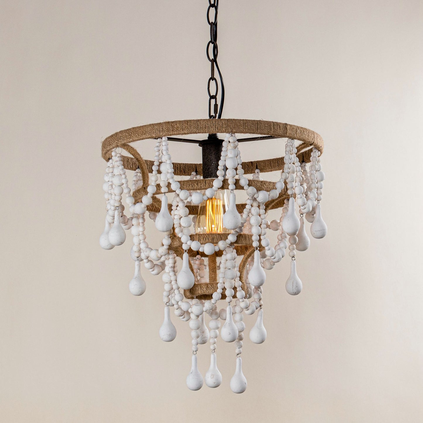 Lusteria 15" White 1-Light Beaded Tiered Farmhouse Chandelier