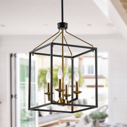 Lusteria Matte Black Modern 4-Light Lantern Geometric Chandelier