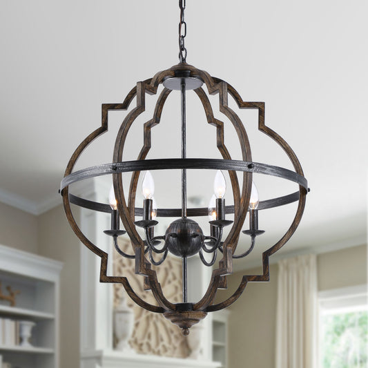 Lusteria Modern Distressed Black 6-Light Lantern Geometric Chandelier