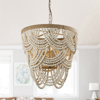 Lusteria 20" Wood Beaded 4-Light Tiered Boho Coastal Chandelier