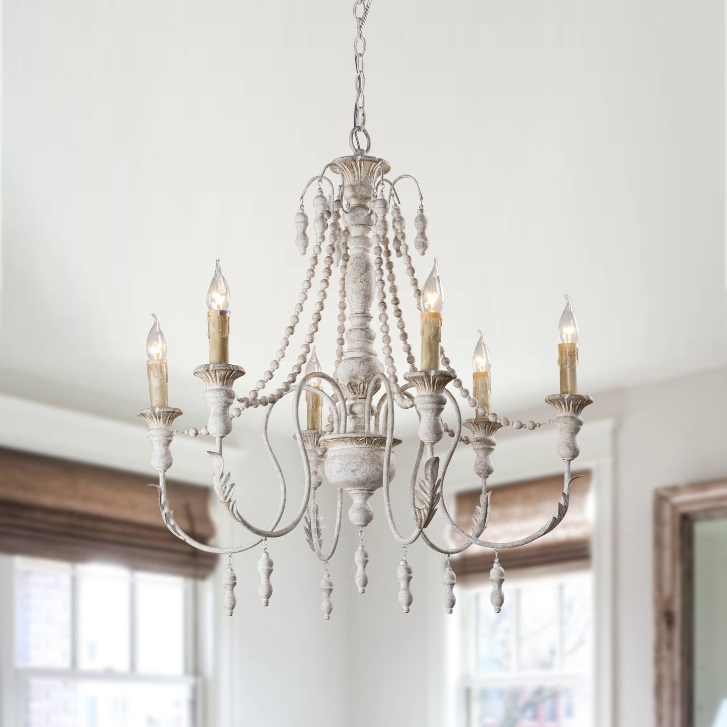 Lusteria Traditional Handmade 6-Light Wood White Chandelier