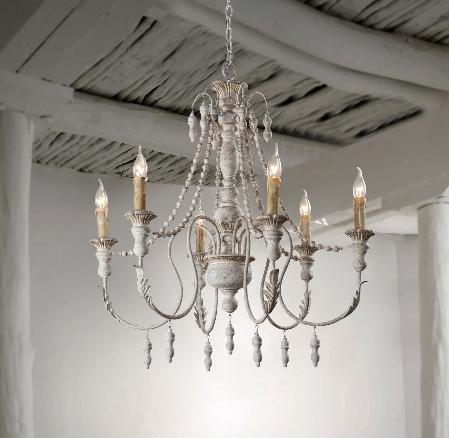 Lusteria Traditional Handmade 6-Light Wood White Chandelier