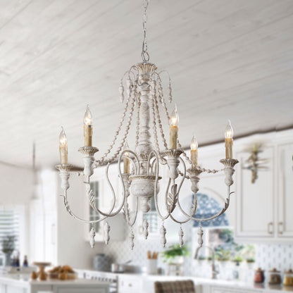 Lusteria Traditional Handmade 6-Light Wood White Chandelier