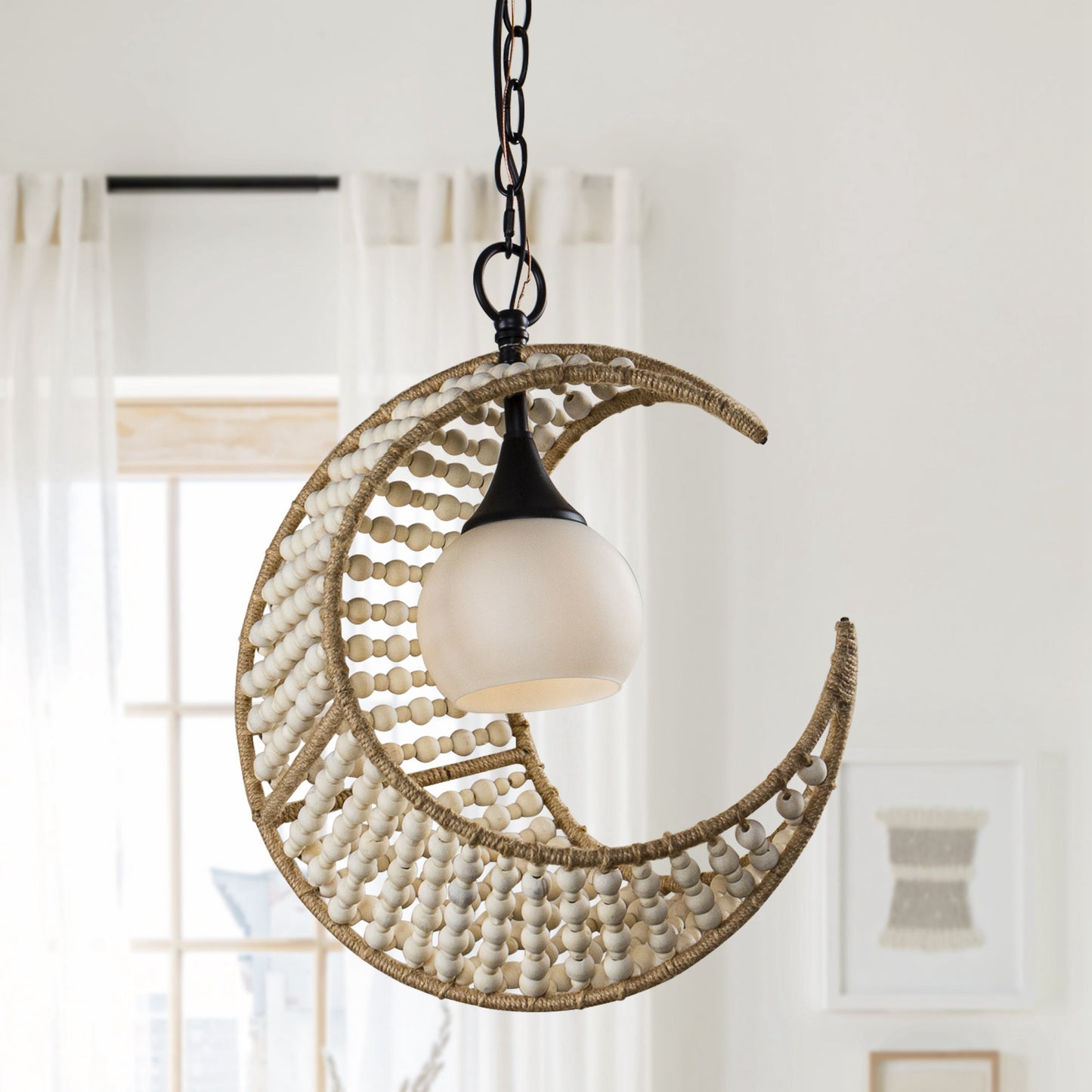 Lusteria 1-Light Wood Bead and Hemp Cresent Moon Pendant Lighting