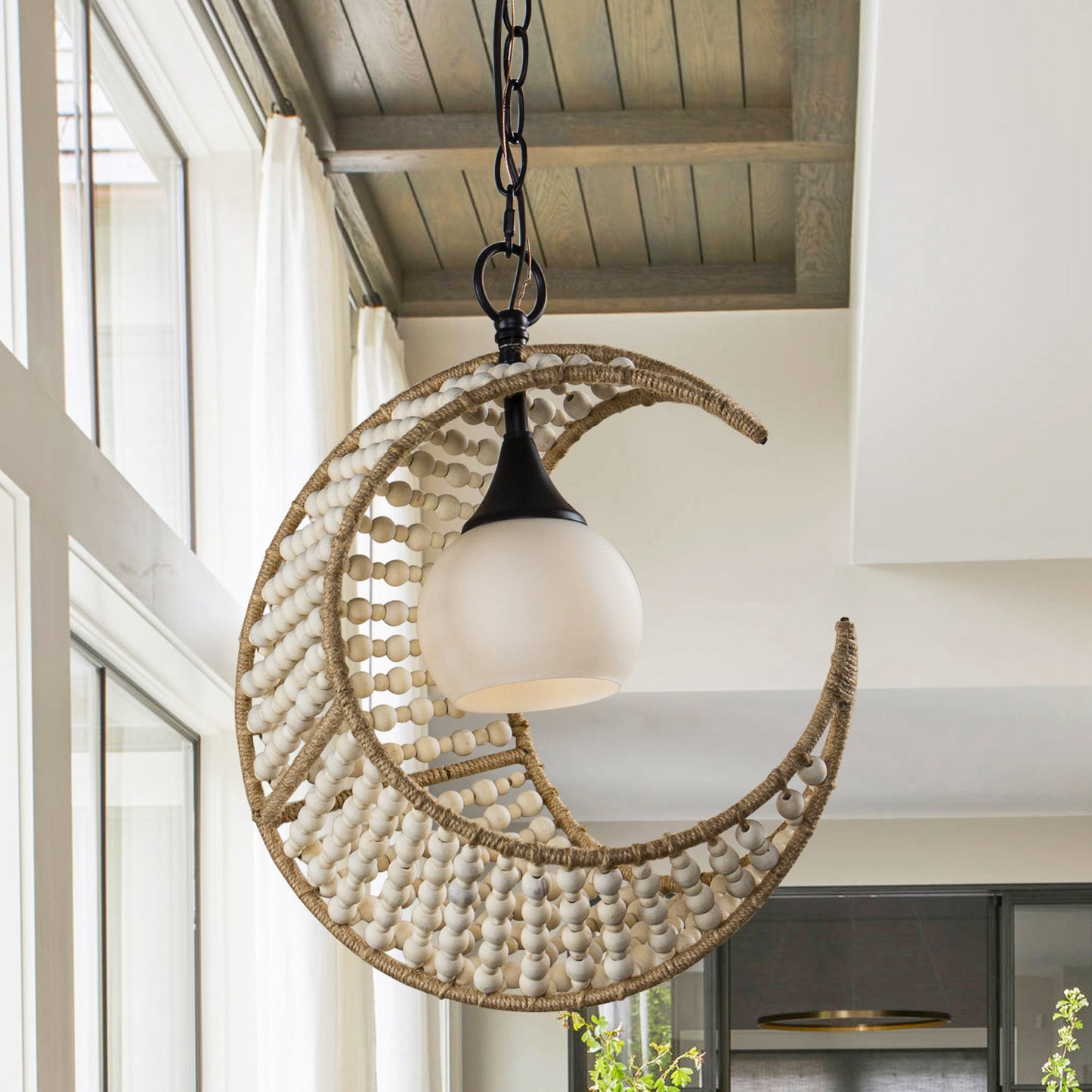 Lusteria 1-Light Wood Bead and Hemp Cresent Moon Pendant Lighting