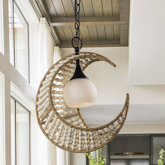 Lusteria 1-Light Wood Bead and Hemp Cresent Moon Pendant Lighting