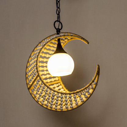 Lusteria 1-Light Wood Bead and Hemp Cresent Moon Pendant Lighting