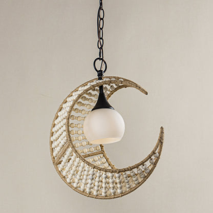 Lusteria 1-Light Wood Bead and Hemp Cresent Moon Pendant Lighting