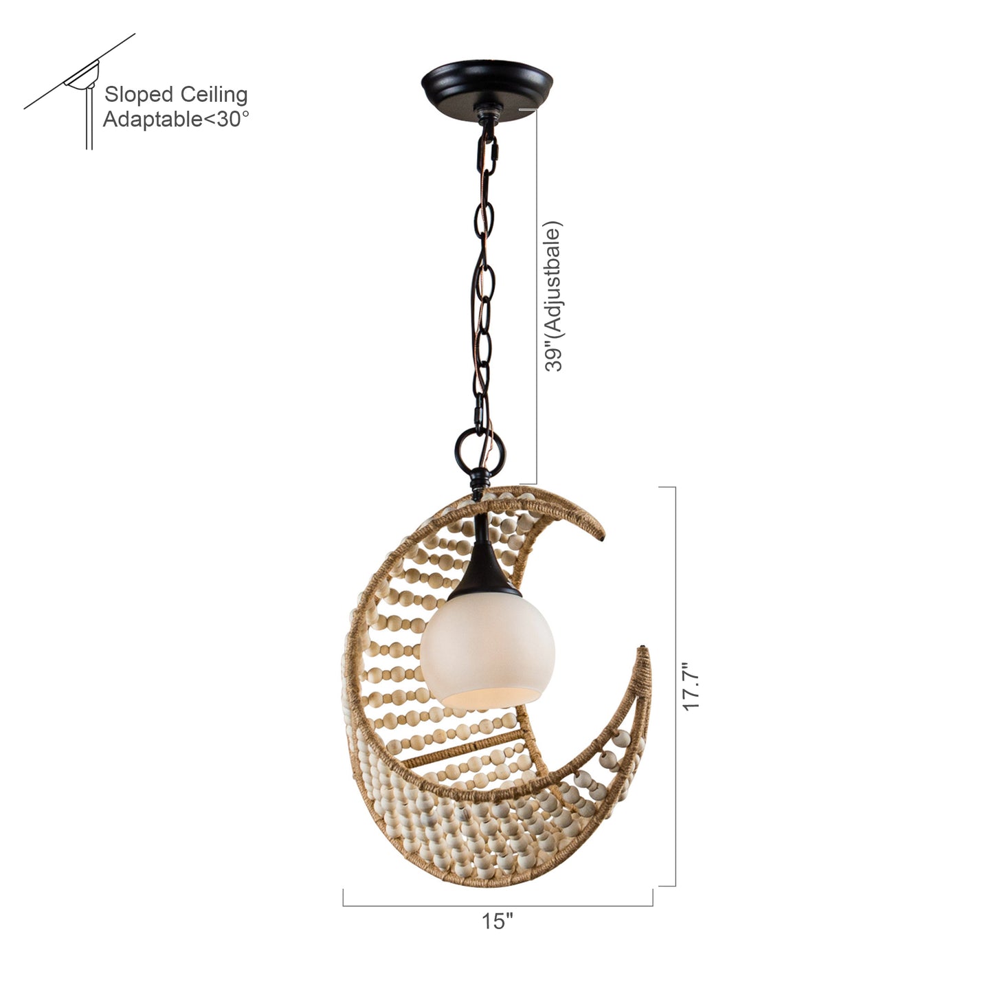 Lusteria 1-Light Wood Bead and Hemp Cresent Moon Pendant Lighting