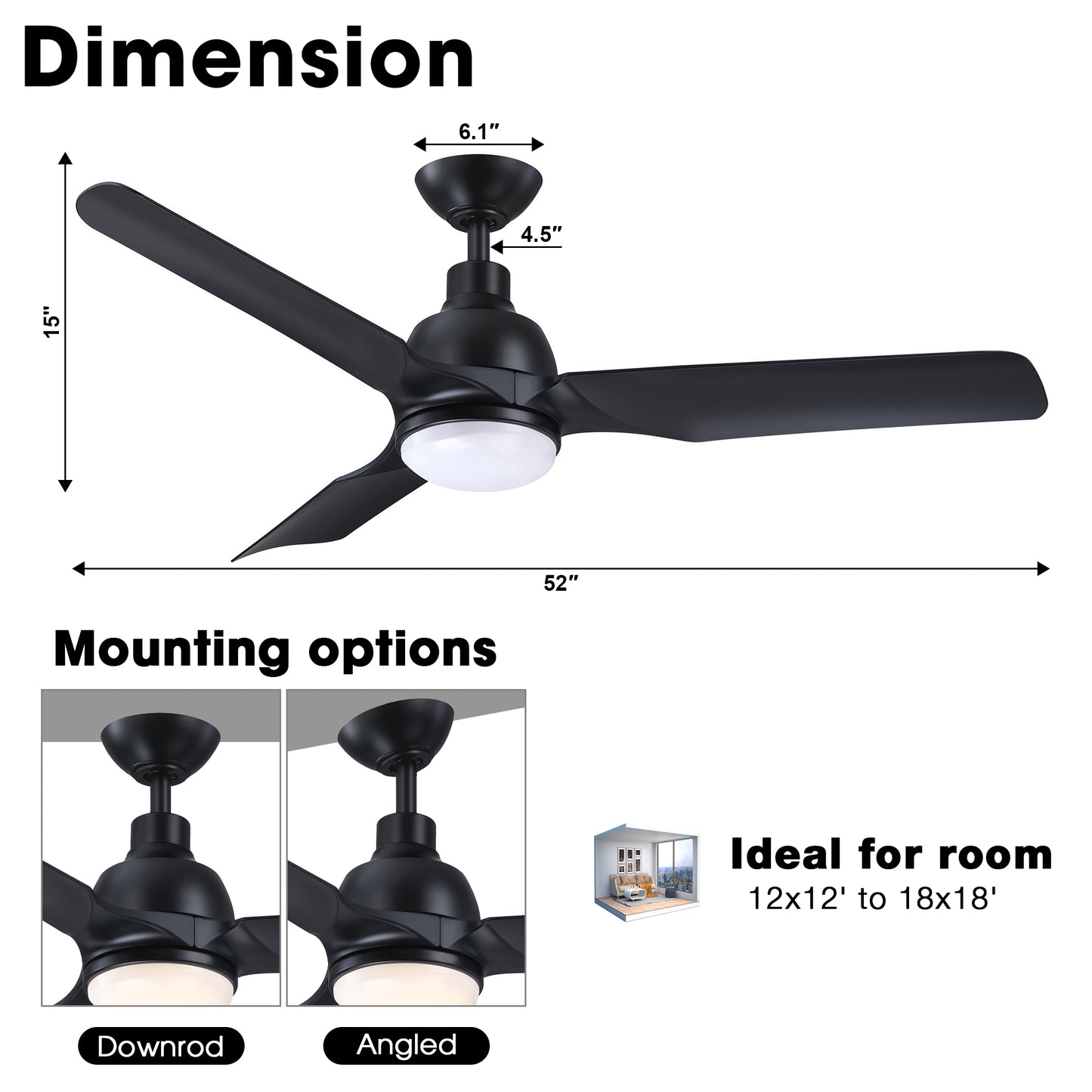 Royal Gust Modern 52" Black Indoor Integrated LED Ceiling Fan