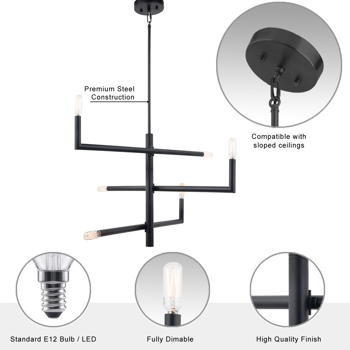 Optical 6-Light Adjustable Modern Black Chandelier