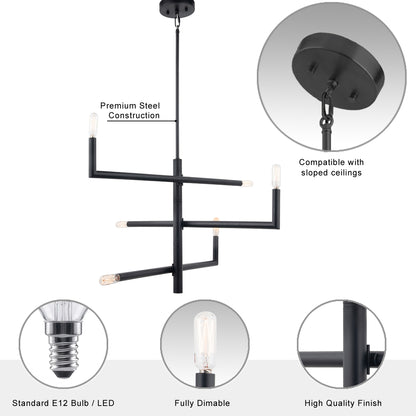 Optical 6-Light Adjustable Modern Black Chandelier