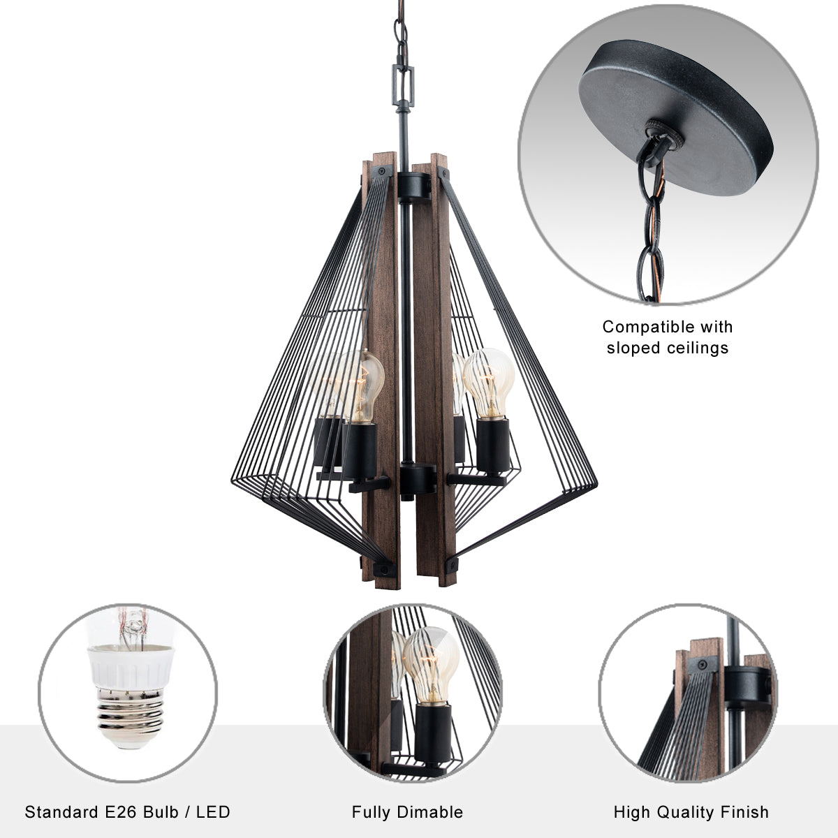 Zenith 4-Light Black & Wood Pendant Light